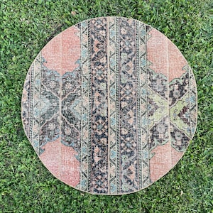 Hand Knotted Vintage Round Rug, Oushak Round Rug, Turkish Round Rug, Bathroom Round Mat Rug, Floor Round Rugs, Rounds Rugs, 3&#39;3&quot;x3&#39;3&quot; ft