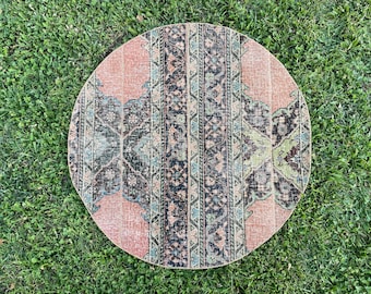 Hand Knotted Vintage Round Rug, Oushak Round Rug, Turkish Round Rug, Bathroom Round Mat Rug, Floor Round Rugs, Rounds Rugs, 3'3"x3'3" ft