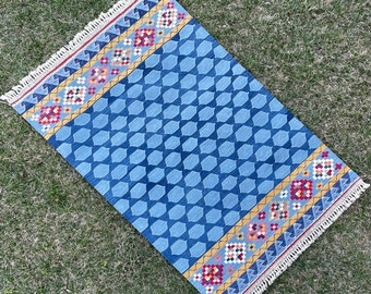 Alfombra azul oriental, alfombra Kilim, alfombra turca, alfombra Oushak azul, alfombra Kilim de área rústica, alfombra casera, Kilim para dormitorio, piso de la sala de estar, 4' x 6'