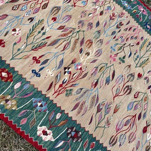 May include: A beige rug with a green border and red accents. The rug features a floral pattern with colourful leaves and flowers.