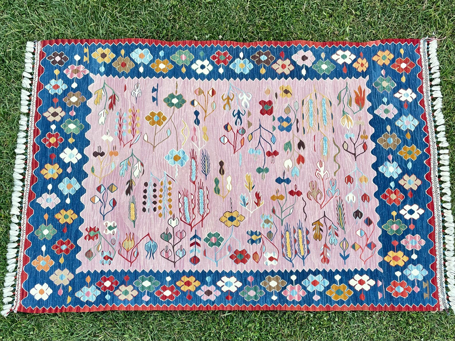 Modern Pink Bohemian Style Area Rug, Turkish Wool Pink Kilim Rug ...