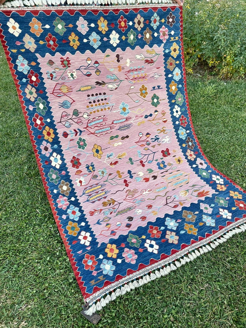 Modern Pink Bohemian Style Area Rug, Turkish Wool Pink Kilim Rug ...
