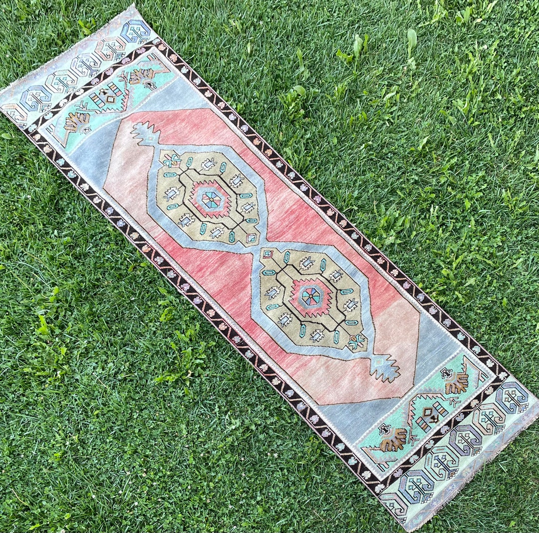 Oriental Runner Rug Pale Red Gray and Green 26x89 Oushak Etsy