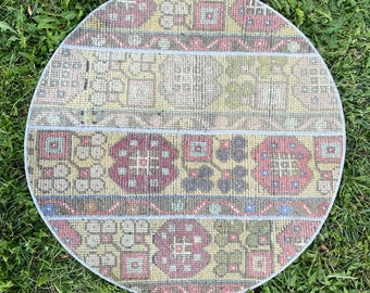 Hand Knotted Circle Rug, Small Rug, 2’3x2’3 Round Area Rug, Muted Oushak Rug, Bathroom Rug, Entry Rug, Bohemian Patchwork Rug, Round Rugs