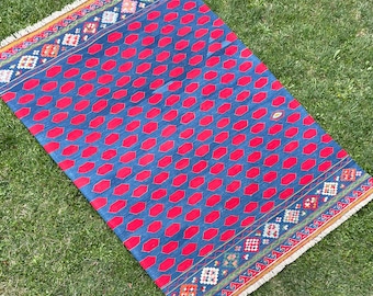 Vintage Turkish Oushak Rugs, Boho Kilim Rug, Blue and Red Rug, Large Rug, Hand Woven Floor Kilim Rug, Kelim, Area Rug, Home Rug, 5'3x7'7 ft