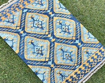 Alfombra Kilim turca tejida a mano nómada, alfombra azul, alfombra Oushak, 3'8"x5'7" pies, alfombra de dormitorio, alfombra vintage, alfombra de piso Boho, alfombra de cocina, Kilim