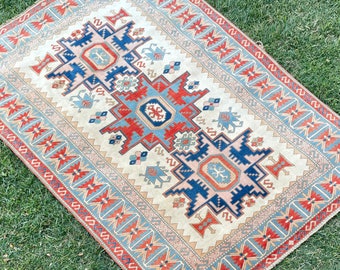 Vintage Oushak Rug, Turkish Oushak Rug, Distressed Red and Blue Rug, Large Rug, Oriental Antique Blue Rug, Living Room Rugs, 5’7”x8’ feet