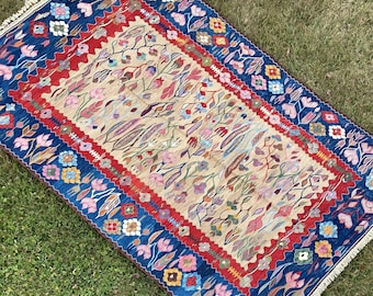 Oriental Vintage Turkish Kilim Rug, Bohemian Rug, Area Rug, Home Decor Rug, Oushak Rug, Kilim Rug, Handmade Rug, Rustic Carpet, 7'7 x 5'