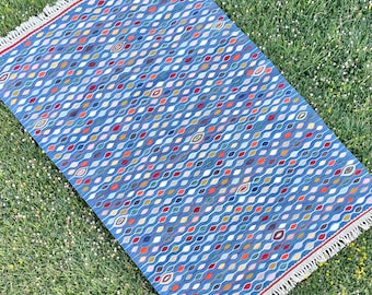 Alfombra tejida a mano, alfombra Kilim, alfombra azul, alfombra hecha a mano azul índigo, alfombra Kilim turca, alfombra Oushak, alfombra Kilim de área, alfombras de piso, 4'3"x6'7" pies