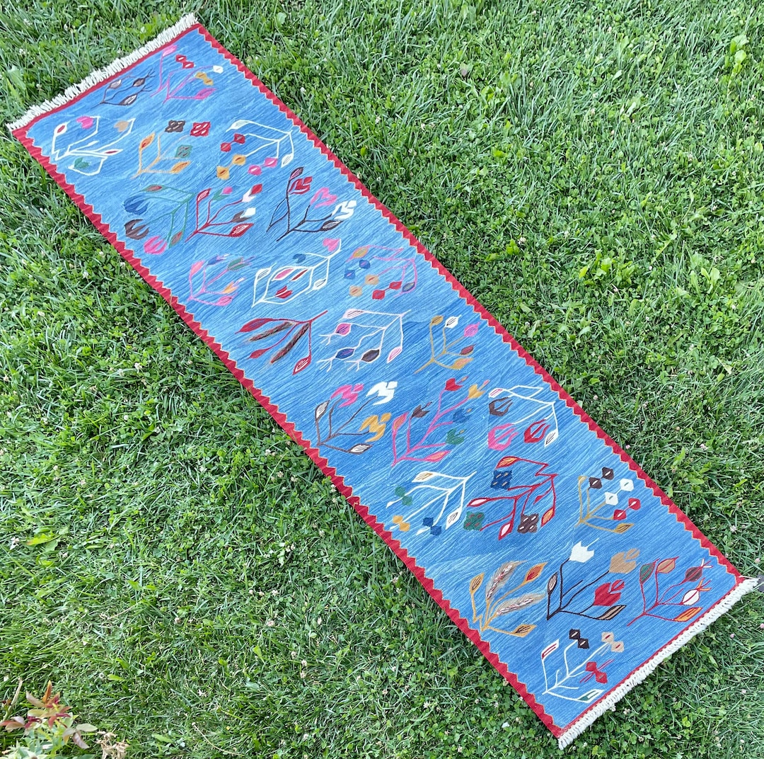 Blue Floor Vintage Kilim Runner Rugs Turkish Oushak Rug Blue Etsy