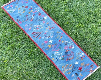 Blue Floor Vintage Kilim Runner Rugs, Turkish Oushak Rug, Blue and Red Rug Runner, Kilim Rug, Vintage Rug, Home Living Rugs, 2’3x8’1 ft
