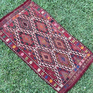 Antique Small Embroidery Kilim Rug, Cicim Rug, Bathroom Rug, Vintage Handmade Wool Rug, Small Runner Rug, Turkish Rug, Oushak Rug, 3’x1’7”
