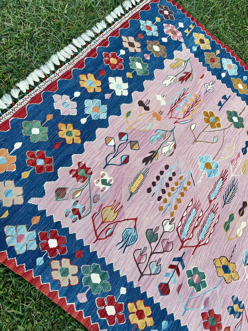 Modern Pink Bohemian Style Area Rug, Turkish Wool Pink Kilim Rug ...