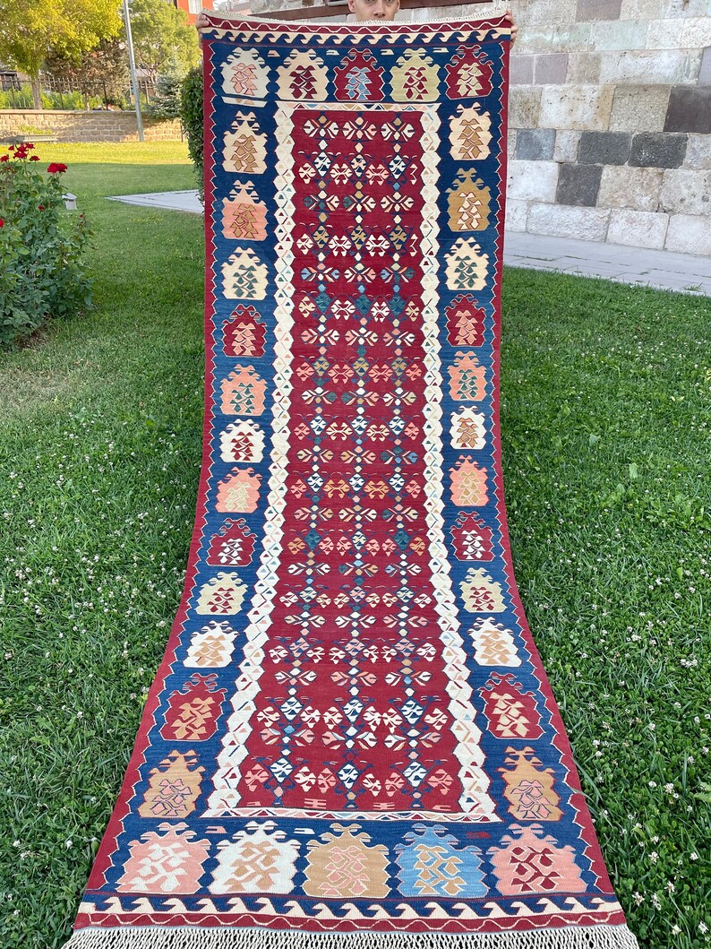 Oriental Wool Red and Blue Runner Rug Turkish Oushak Runner Etsy
