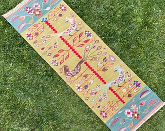 2’3 x 7’ Oil Green Short Runner Rug, Hand Woven Kilim Runner, Entryway Rugs