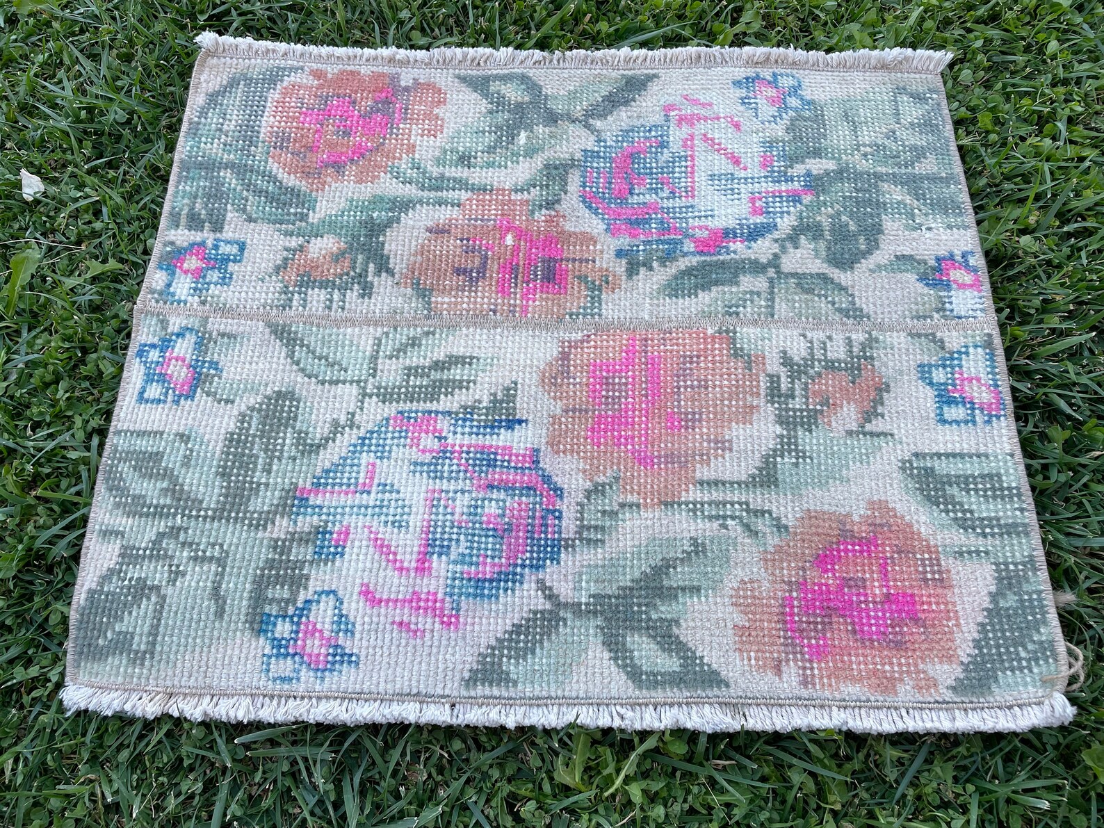 Pink and Navy Blue Square Rug Bathroom Rug Vintage Small Etsy