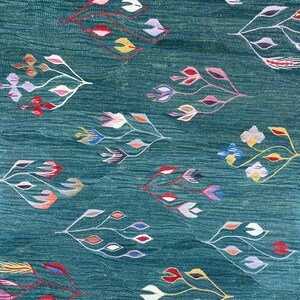 May include: A teal blue fabric with a repeating pattern of stylized flowers in shades of red, pink, yellow, blue, white, and brown.