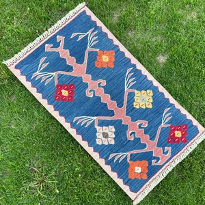 Small Rug, Oushak, Vintage Indigo Blue Floor Door Mat, Turkish Rug, Bath Mat Rug, Area Rug, Floor Rug, Hand Made Rug, Bohemian Rug, 2'9x1'7 image 1
