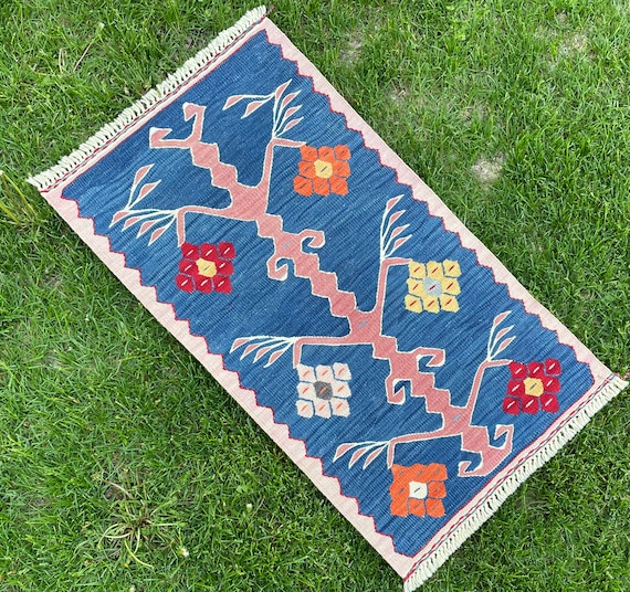 Small Rug, Oushak, Vintage Indigo Blue Floor Door Mat, Turkish Rug, Bath Mat Rug, Area Rug, Floor Rug, Hand Made Rug, Bohemian Rug, 2'9x1'7