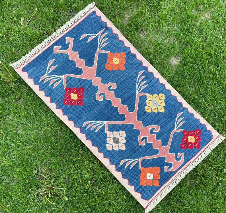 Small Rug, Oushak, Vintage Indigo Blue Floor Door Mat, Turkish Rug, Bath Mat Rug, Area Rug, Floor Rug, Hand Made Rug, Bohemian Rug, 2'9x1'7 image 1