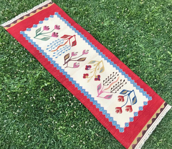 Flower Floor Rug Runner, Turkish Runner Rug, Hallway Rug, Carpet Runner, Table Runner Rug, Hand Woven Runner Rug, Short Runner, 5'7”x2'1” ft
