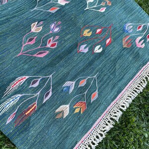 May include: A teal blue rug with a fringe border. The rug has a repeating pattern of stylized flowers in shades of pink, red, yellow, blue, and green.