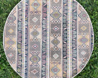 Round Rug, Handmade Wool Vintage Round Rug, 3’x3’ Rug, Circle Rug, Kitchen Oval Mat Rug, Bathroom Mat,  Area Round Rugs, Vintage Bohr Decor