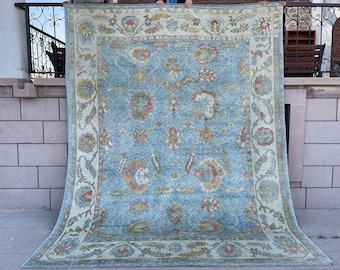 Könnte beinhalten: Ein blauer und cremefarbener Teppich mit Blumenmuster. Der Teppich hat einen hellblauen Hintergrund mit cremefarbenen und roten Akzenten.