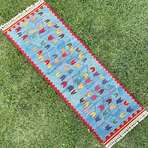Runner Rug, Kilim Runners, Kilim Rug Runner, Blue Floral Runner, Hand Woven Kilim Runner, Bohemian Home Decoration, 2x6 Runner Rugs