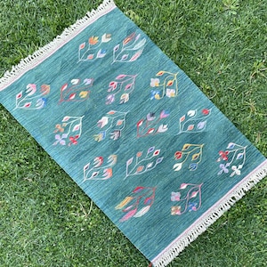 May include: A teal blue rug with a fringe border features a repeating pattern of colorful stylized floral designs.