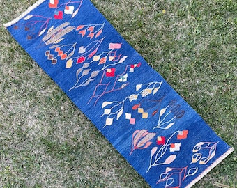 Indigo Blue Small Runner, Kilim Rug Runner, Hand Woven Floral Blue Runner, 2-3x7 Kilim Runner, Romanian Kilim Runner, Runner Rugs, 2’4x6’8
