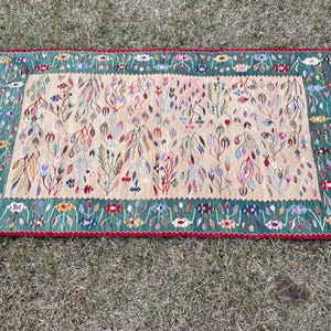 May include: A rectangular rug with a cream background and a green border. The rug features a floral pattern with pink, red, and blue accents.