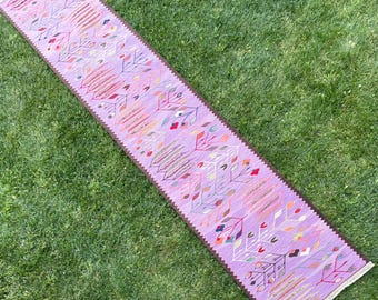 Handwoven Lilac Flowering Kilim Runner, Wool, 2'4" x 12'8"