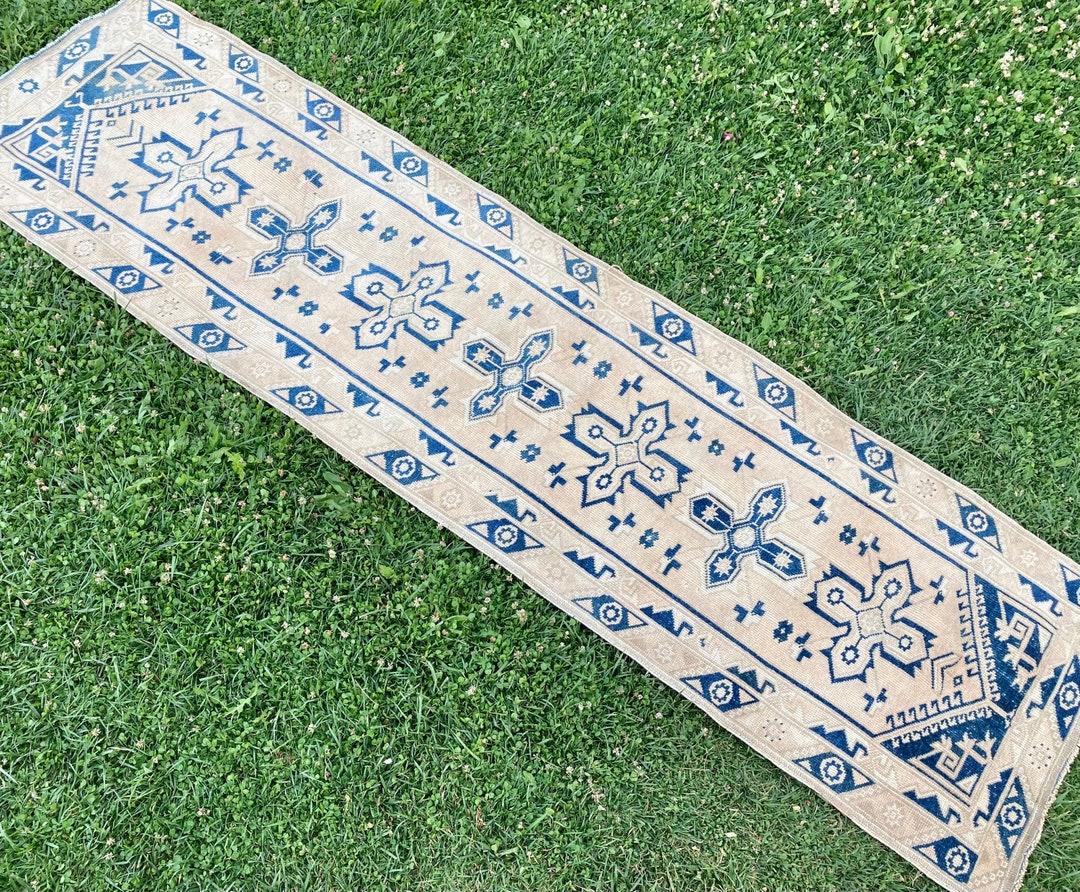 Narrow Wool Runner Rug, Decorative Kitchen Rug, Vintage Pale Runner Rug