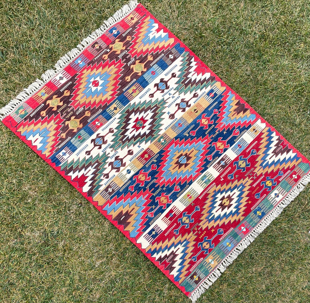 Bohemian 42 X 55 Living Room Rug, Kilim Rug, Handmade Wool Rug