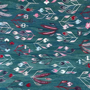 May include: Teal fabric with a repeating pattern of stylized floral designs in shades of pink, white, red, and black.