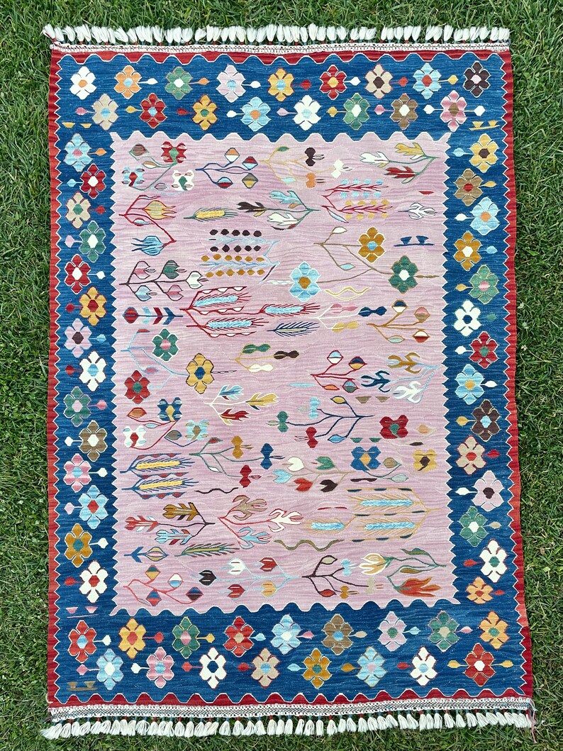 Modern Pink Bohemian Style Area Rug, Turkish Wool Pink Kilim Rug ...