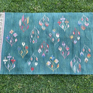 May include: A teal blue rug with a fringed border features a repeating pattern of stylized floral motifs in shades of pink, red, white, and green.