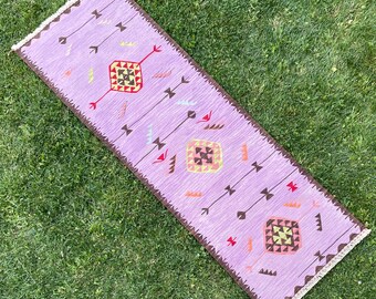 Lilac Kilim Runner Rug, Hand Woven Wool Floral Short Runner, 2'3"x6'9"