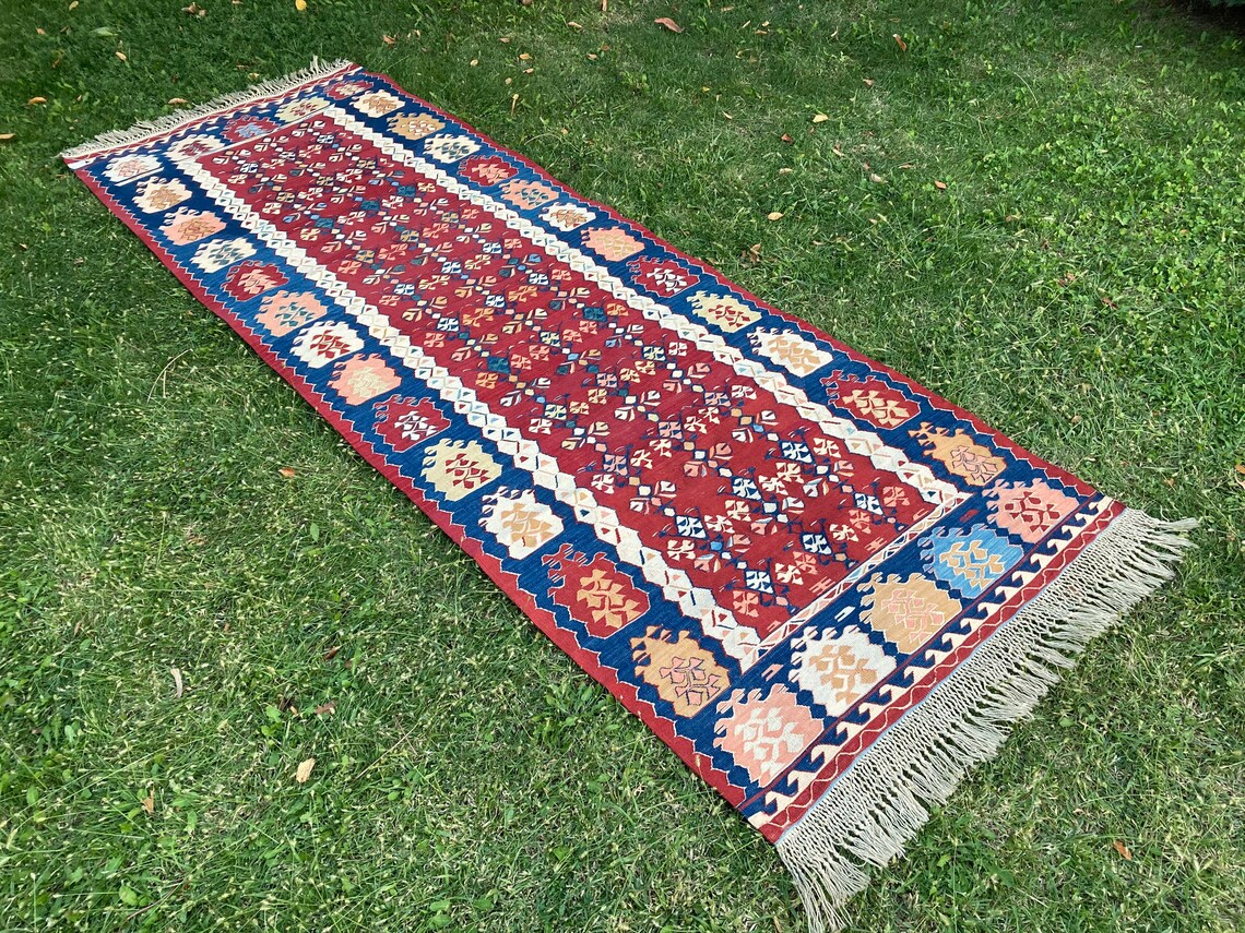 Oriental Wool Red and Blue Runner Rug Turkish Oushak Runner Etsy
