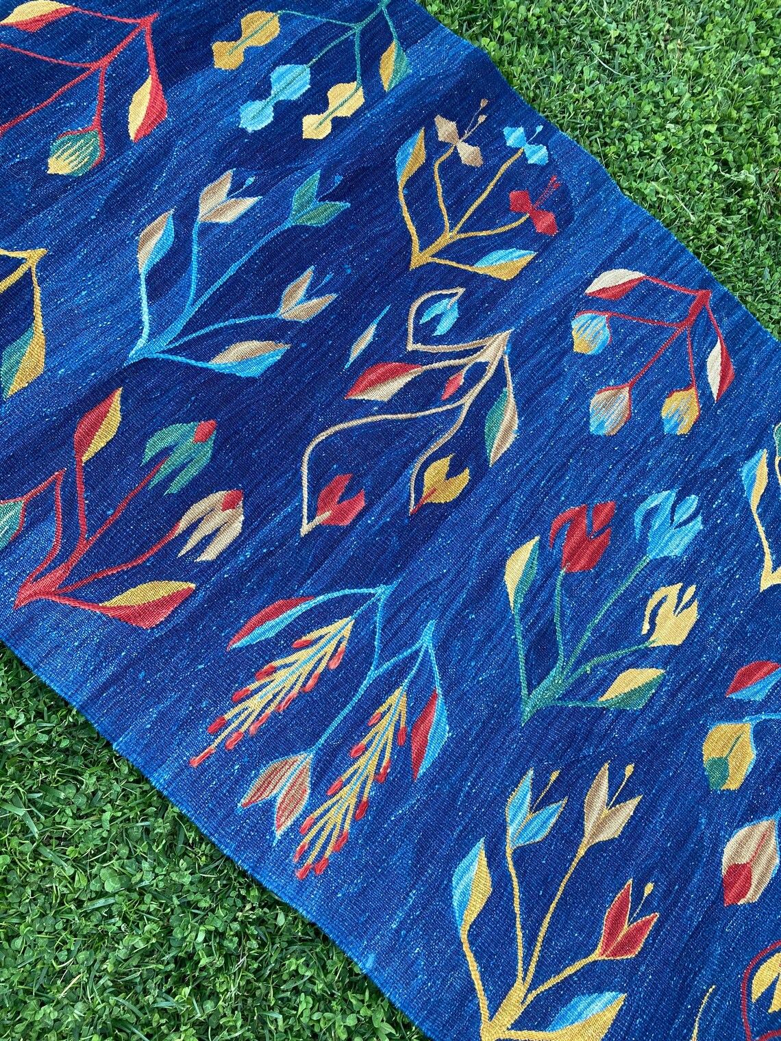 Handwoven Blue Flower Pattern Runner Rug Vintage Wool Entry Etsy