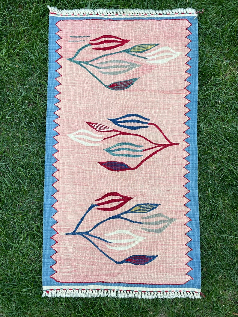 Vintage Rug, Small Rug, Handmade Pastel Door Mat Rug, Wool Kilim Bath Mat Rug, Turkish Carpet, Rug Kilim, Decorative Kilim Rug, 16x3 ft image 3