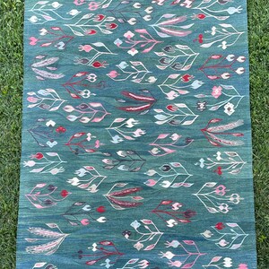 May include: A teal blue rug with a floral pattern. The rug features white, pink, and red stylized flowers and leaves.