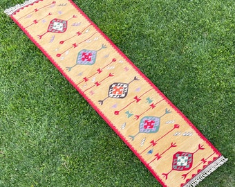 Runner Rug, Saffron Yellow Kilim Runner Rug, Handmade Kilim Runner, Thin Runner Rug, Washable Kilim Runner, Bohemian Runner Rug, 2’3x9’6 ft