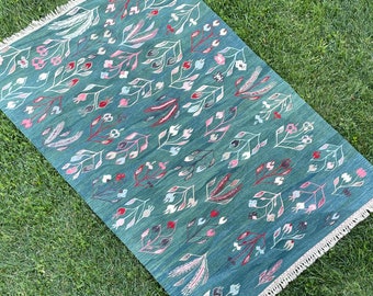 Floral Pattern Green Handwoven Kilim Area Rug, 5 x 8 Indigo Green Rug, Turkish Bohemian Home Living Room Carpet, Kilim Rug, Tapis Kilim