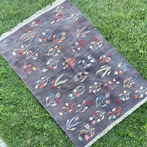 Black Background with Colorful Flowers Area Rug, Hand Woven Oushak Rug, Bessarabia Romanian Rug, Floral Kilim Rug, 5’2” x 7’7” feet