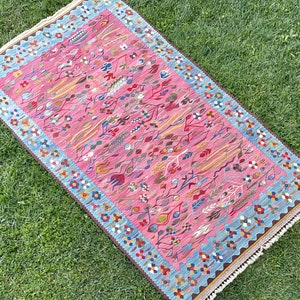 Turkish Kilim Rug, Bohemian Rug, Pink Rug, Floor Floral Kilim Rug, Kilim Rug, Vintage Rug, Rustic Area Kilim Rug, Area Rug, 8&#39;x4&#39;5” ft