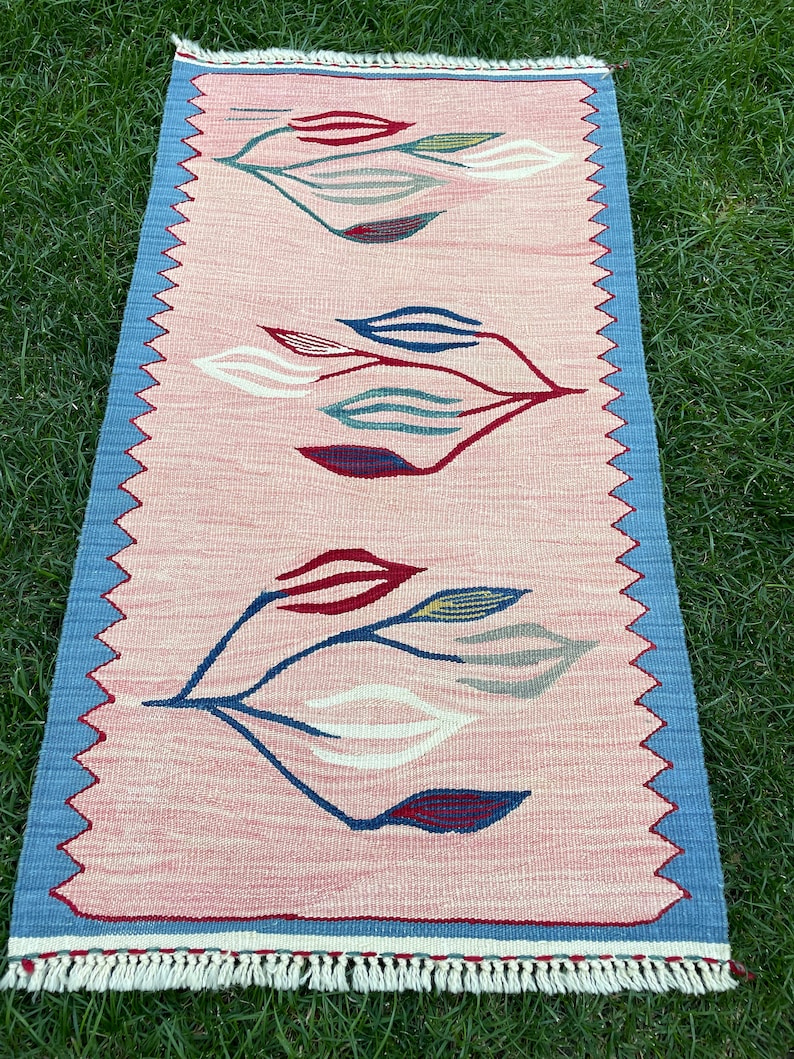 Vintage Rug, Small Rug, Handmade Pastel Door Mat Rug, Wool Kilim Bath Mat Rug, Turkish Carpet, Rug Kilim, Decorative Kilim Rug, 16x3 ft image 2