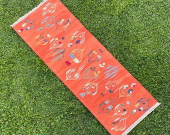 Floral Orange Wool Hand Woven Rug, Runner Rug, Kilim Rug, Kilim Runner, Rug Runner, Turkish Runner Rug, Orange Carpet Kelim, 2’5 x 7’ feet