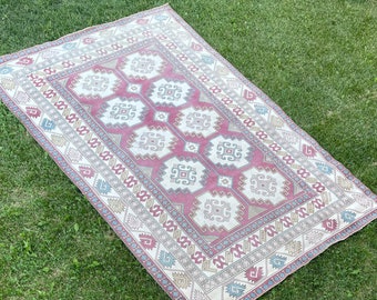 Area Rug, Living Room Rug, Claret Red and White, Hand Knotted Vintage Wool Rug, Burgundy Color Carpet, 7x11 Rug, Large Turkish Rug, Thin Rug